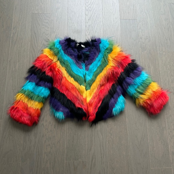 Alice + Olivia FAWN Rainbow Fur Jacket Pride - Size Small - Picture 2 of 11